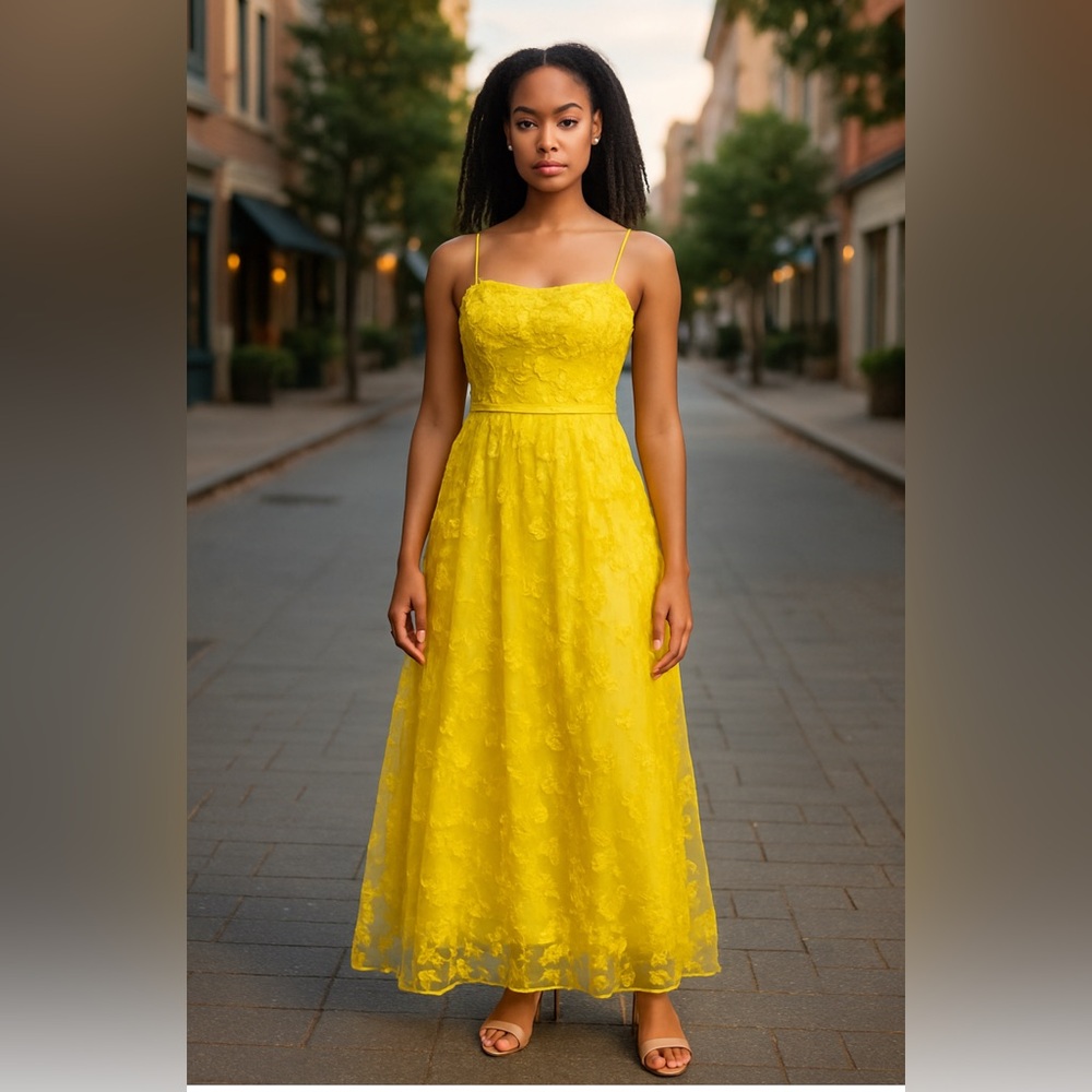 Gorgeous Feminine Floral Appliqué Yellow Dress in sz 7